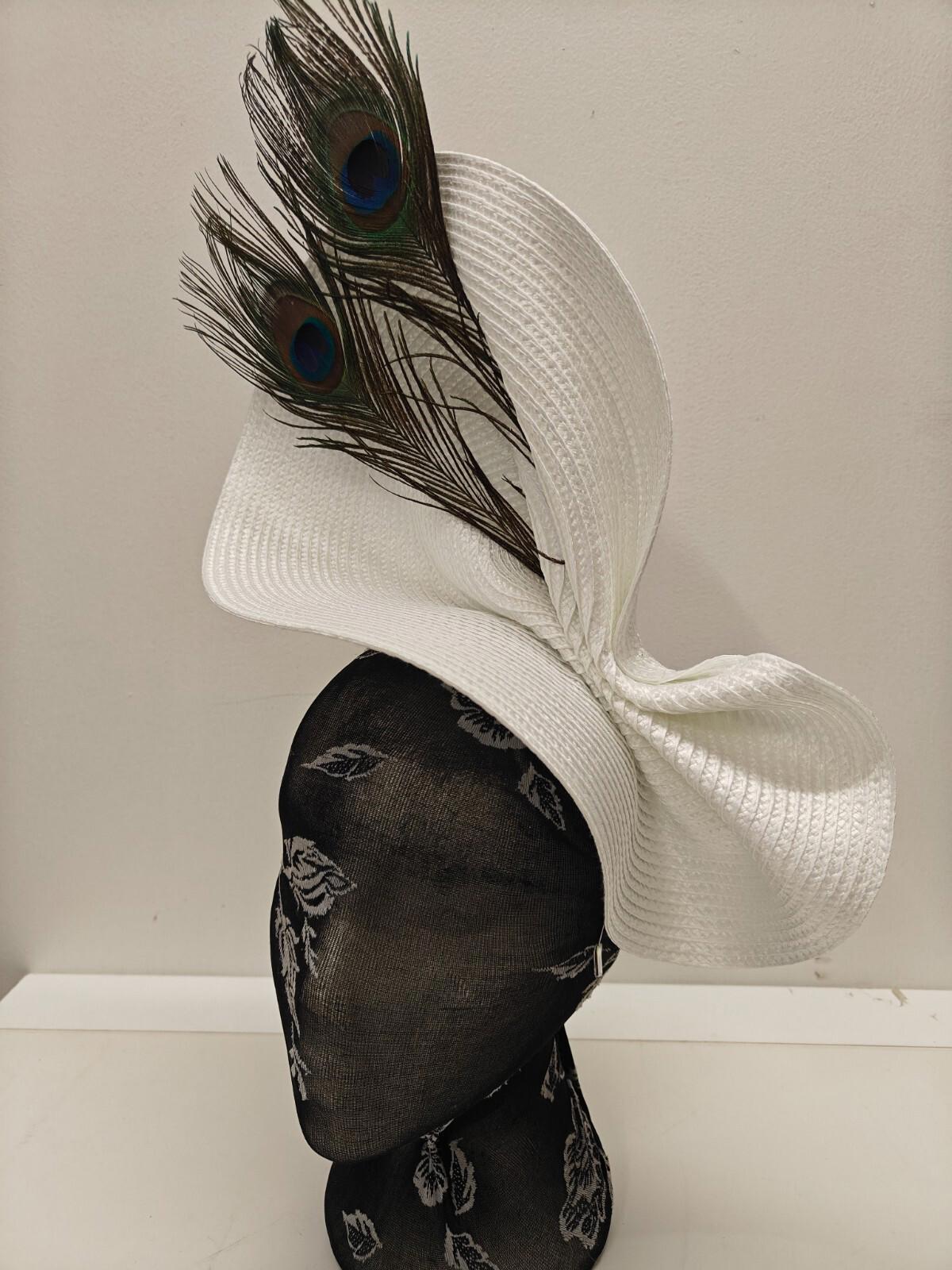 white large straw fascinator peacock feather millinery headband wedding hat