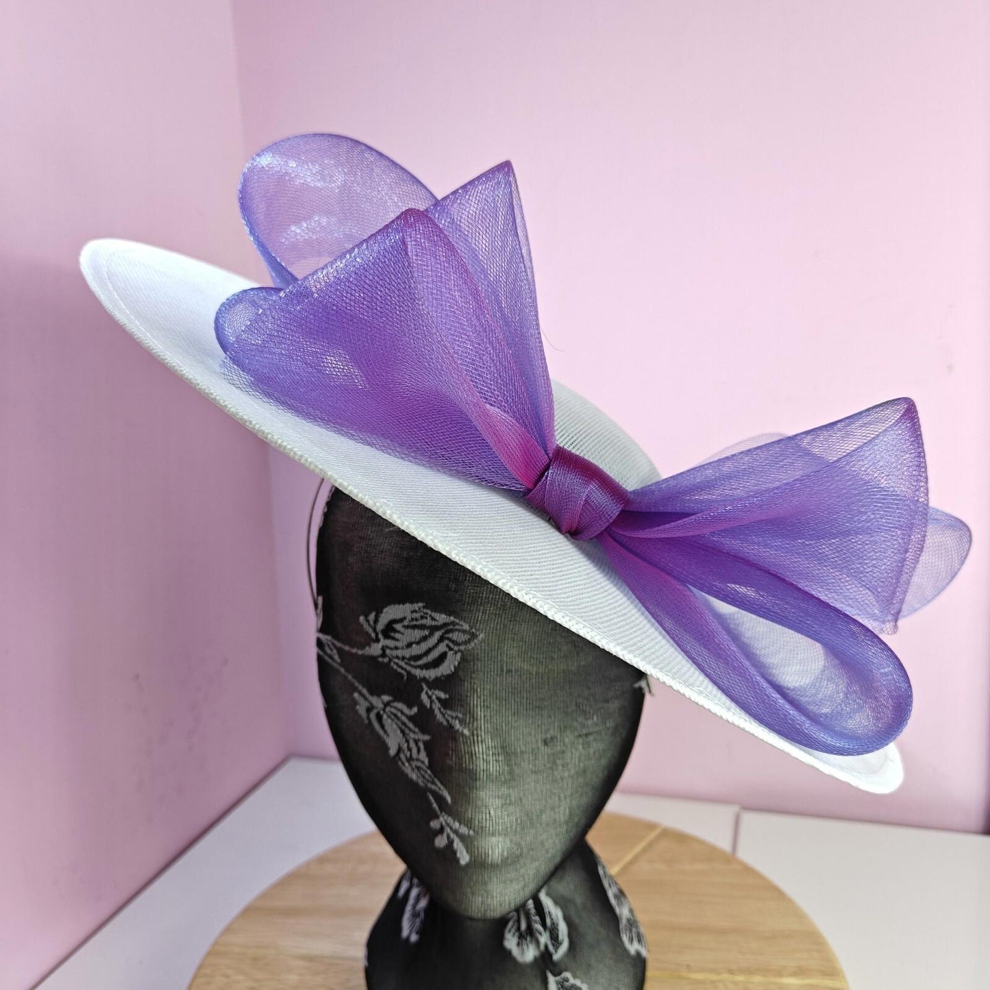 white purple large fascinator wedding hat  Kentucky Derby Royal Ascot bow