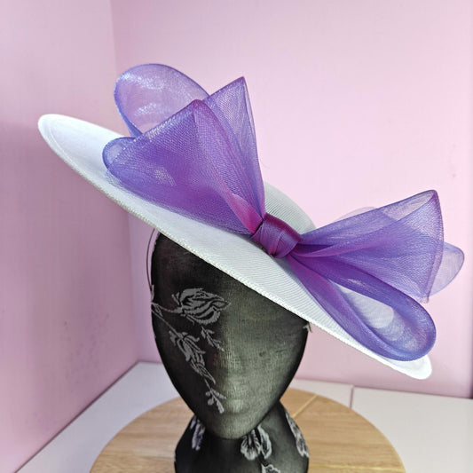 white purple large fascinator wedding hat  Kentucky Derby Royal Ascot bow