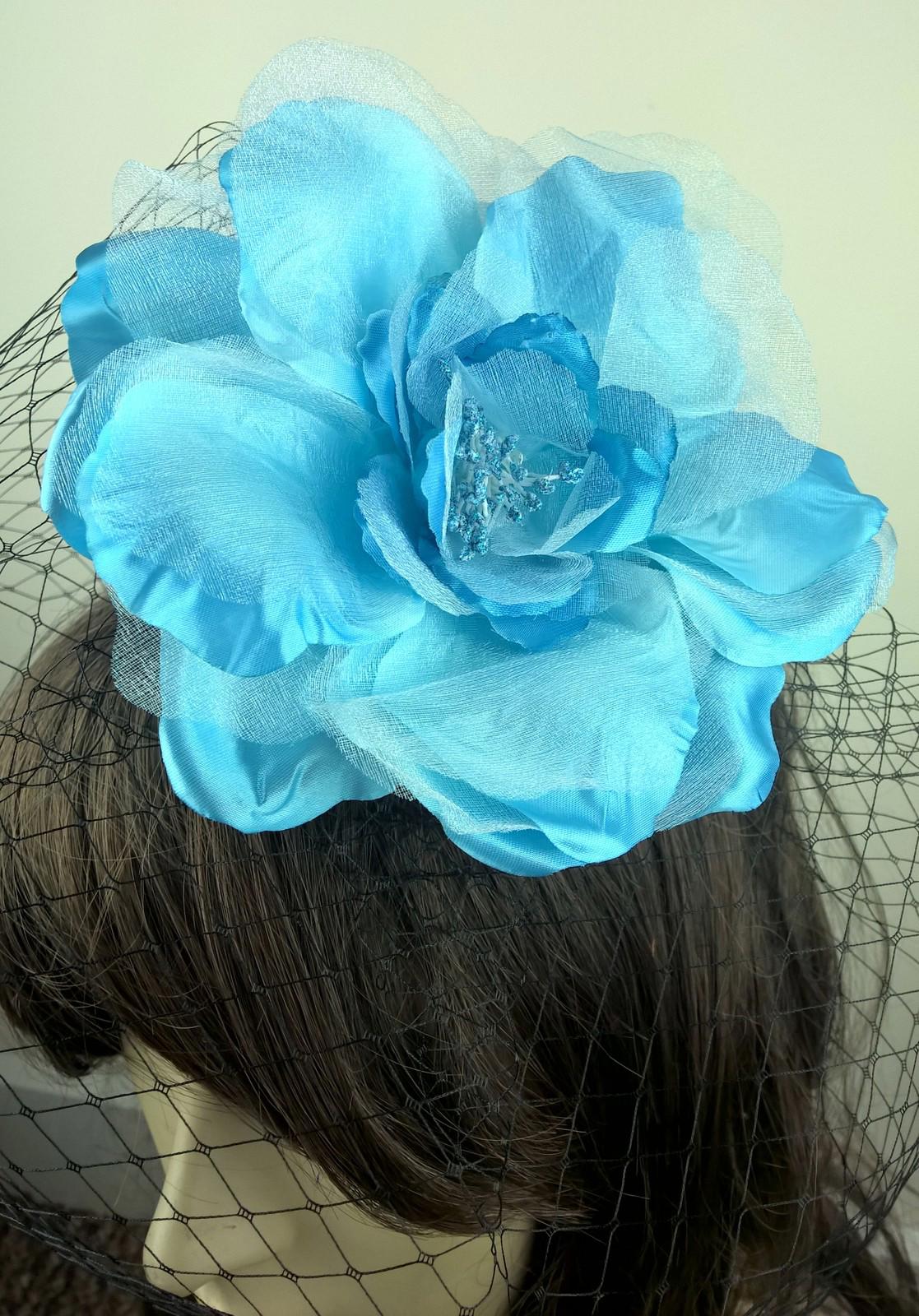 blue satin flower black veiling fascinator hair clip ascot wedding bridal 1