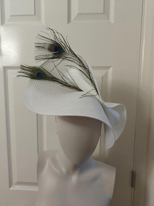 white large straw fascinator peacock feather millinery headband wedding hat