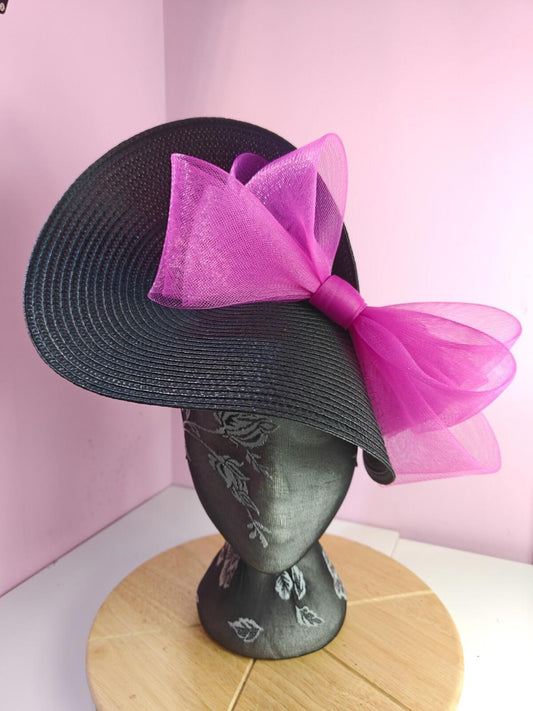 black dark pink large straw fascinator wedding hat Kentucky Derby Royal Ascot