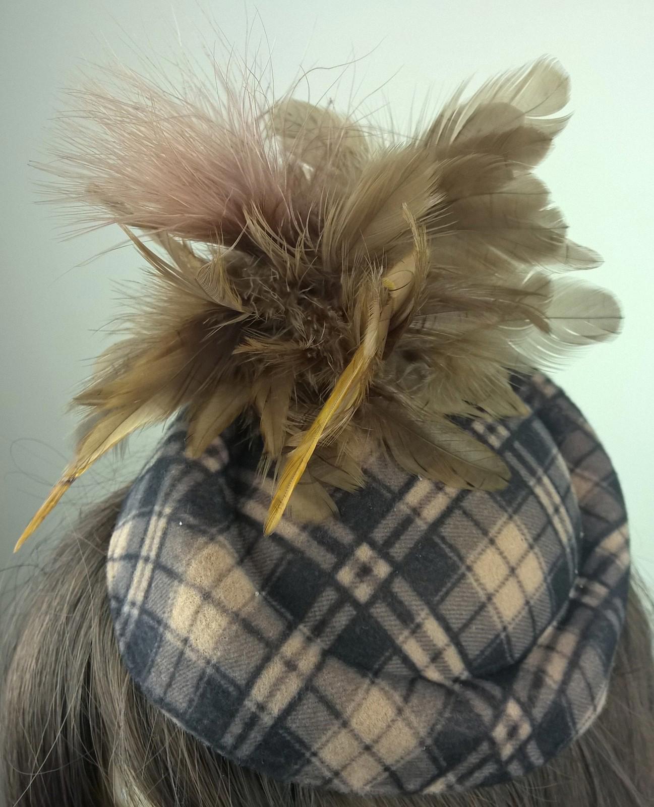 beige felt pillbox hat feather flower fascinator wedding bridal race vintage 1