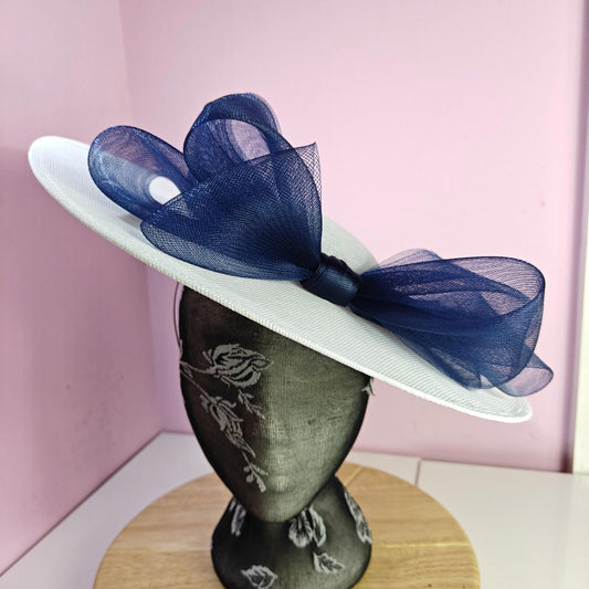 white navy large fascinator wedding hat  Kentucky Derby Royal Ascot bow