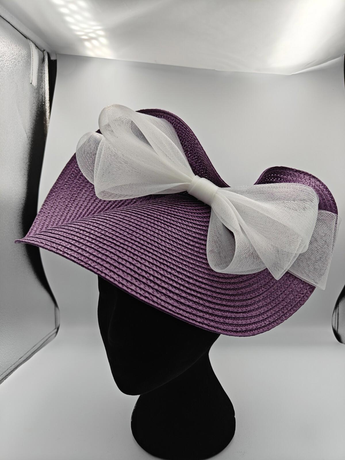 purple white bow straw fascinator millinery burlesque headband wedding hat