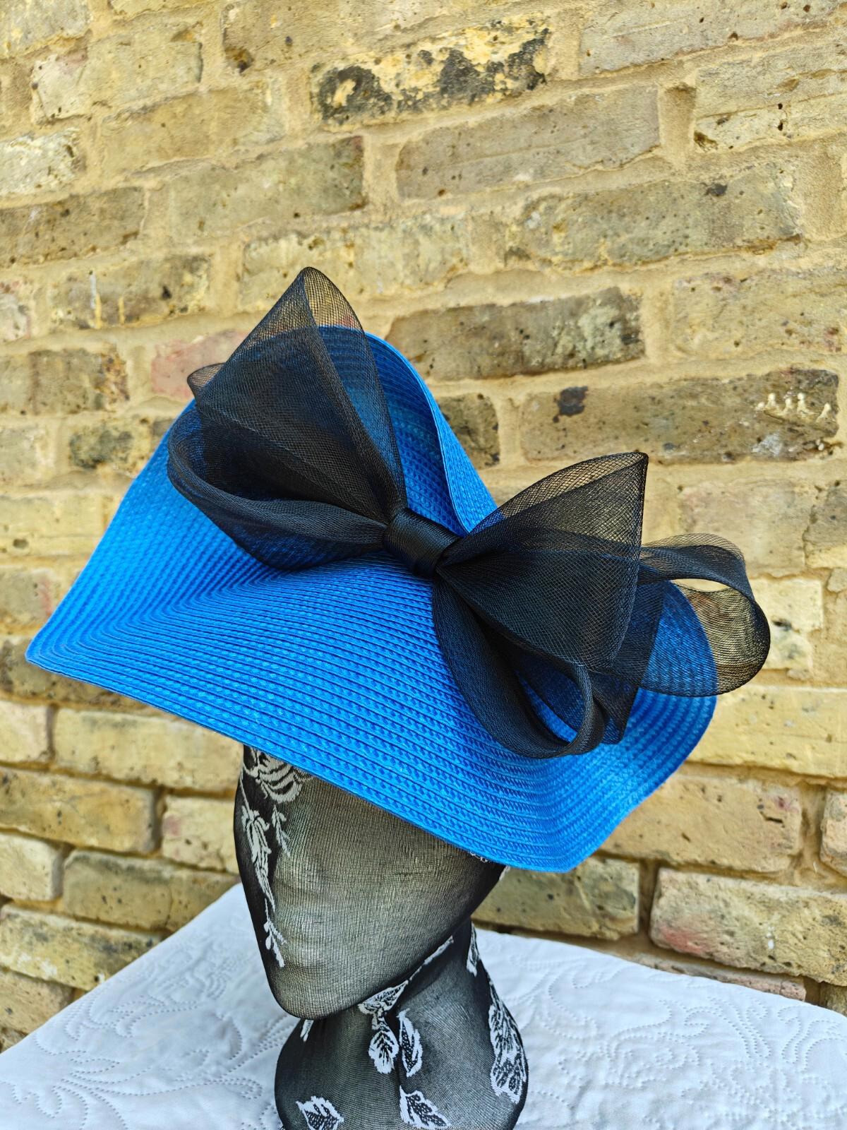 blue black large straw fascinator millinery headband wedding hat ascot