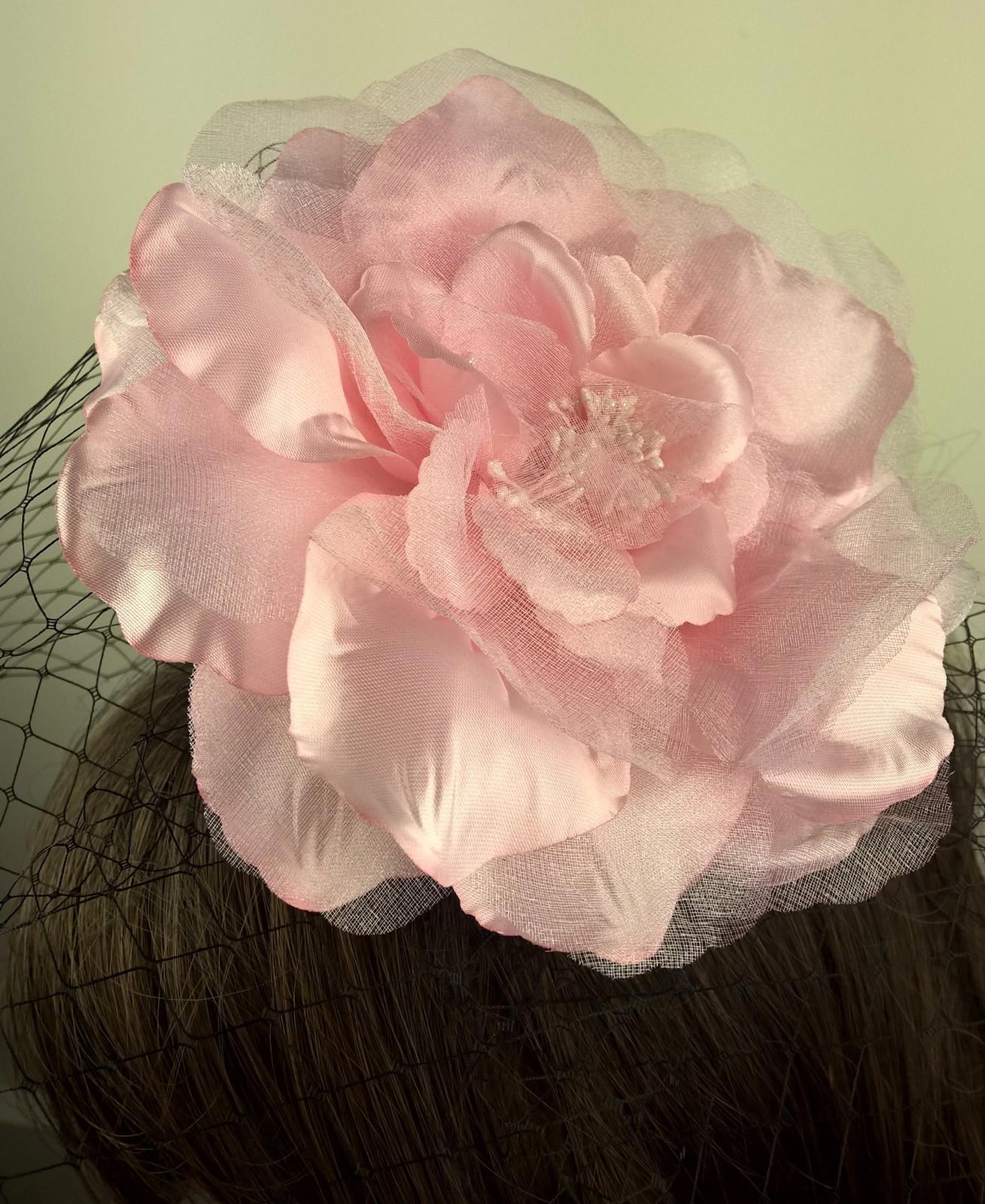pink satin flower black veiling fascinator hair clip ascot wedding bridal