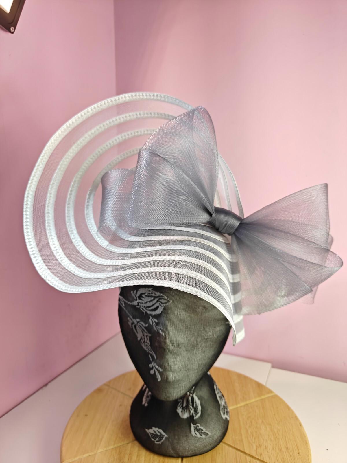 white grey bow fascinator millinery wedding hat Kentucky Derby Royal Ascot