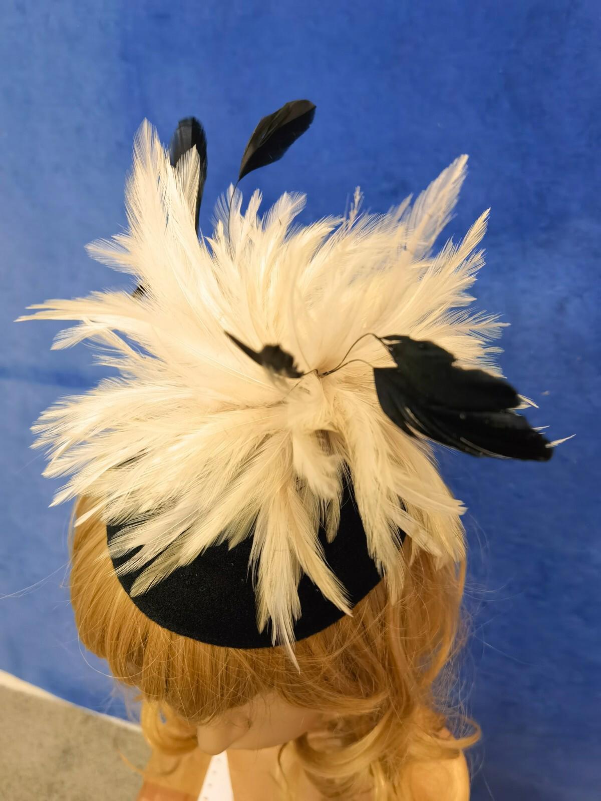 Cream black feather flower felt mini pill box hat veiling veil fascinator