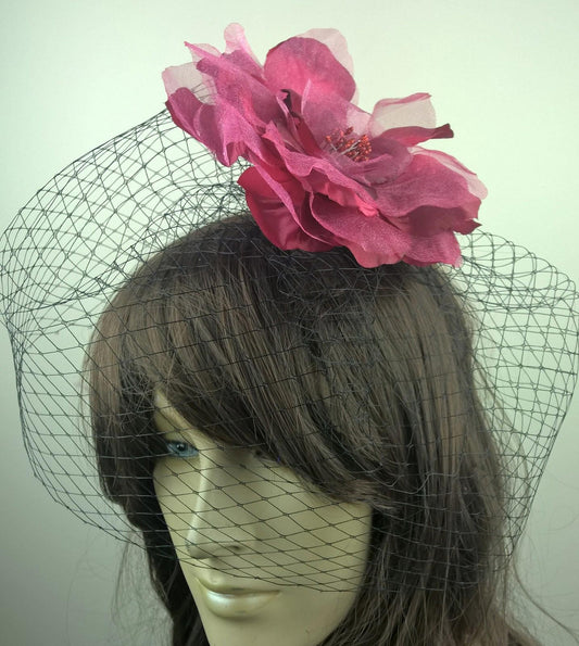 red satin flower black veiling fascinator hair clip ascot wedding bridal x