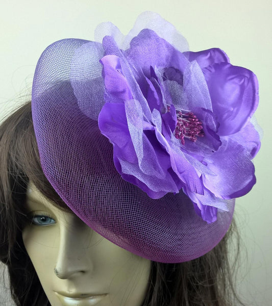 purple satin flower fascinator millinery burlesque wedding hat bridal race