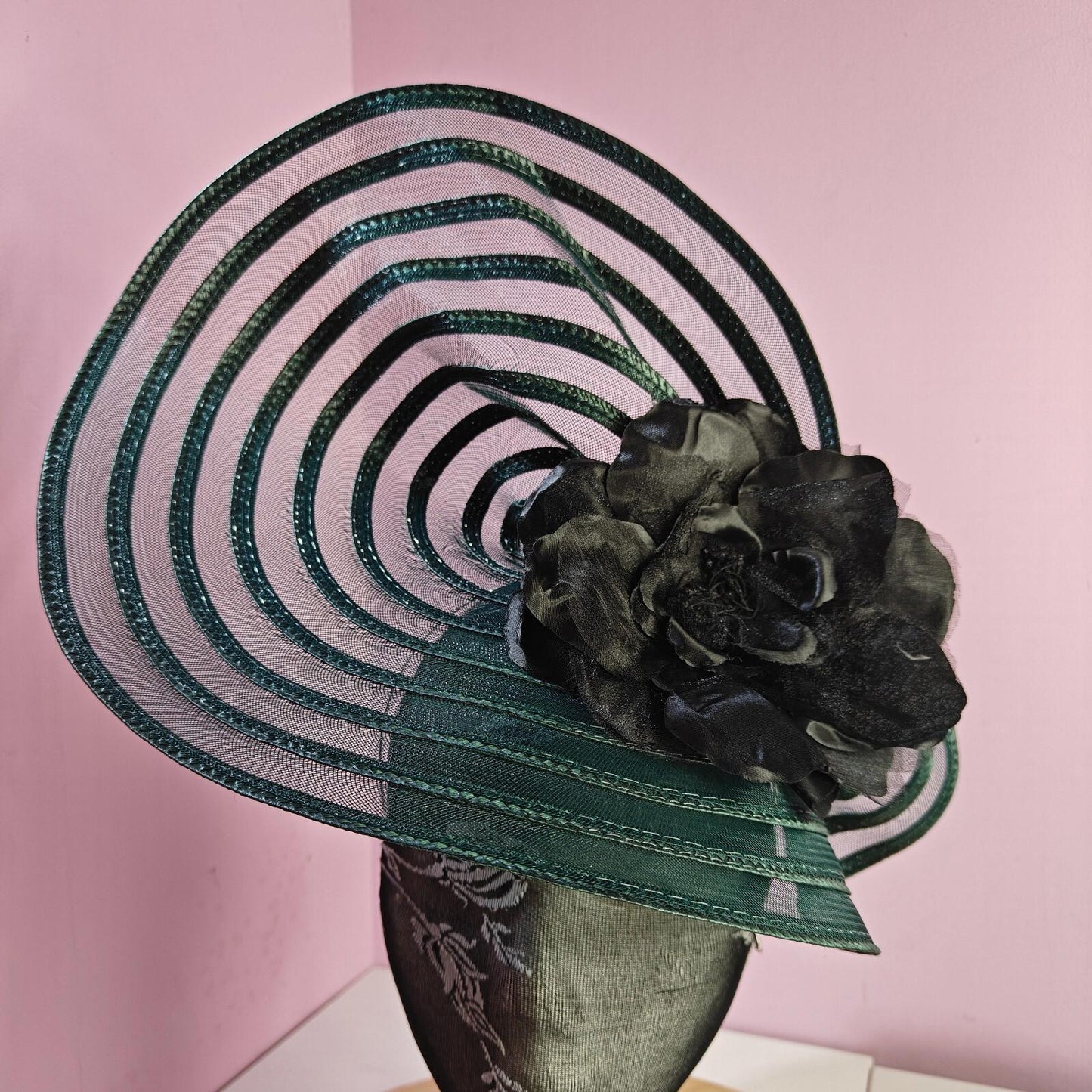 green black flower fascinator millinery wedding hat Kentucky Derby Royal Ascot