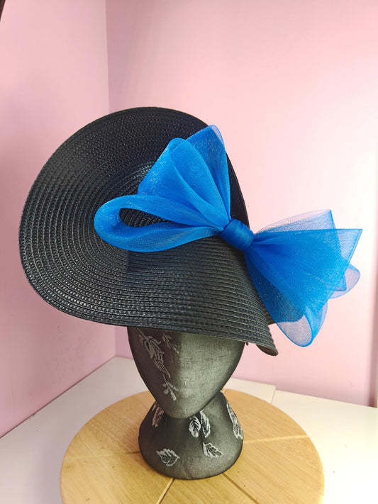 black blue large straw fascinator wedding hat Kentucky Derby Royal Ascot
