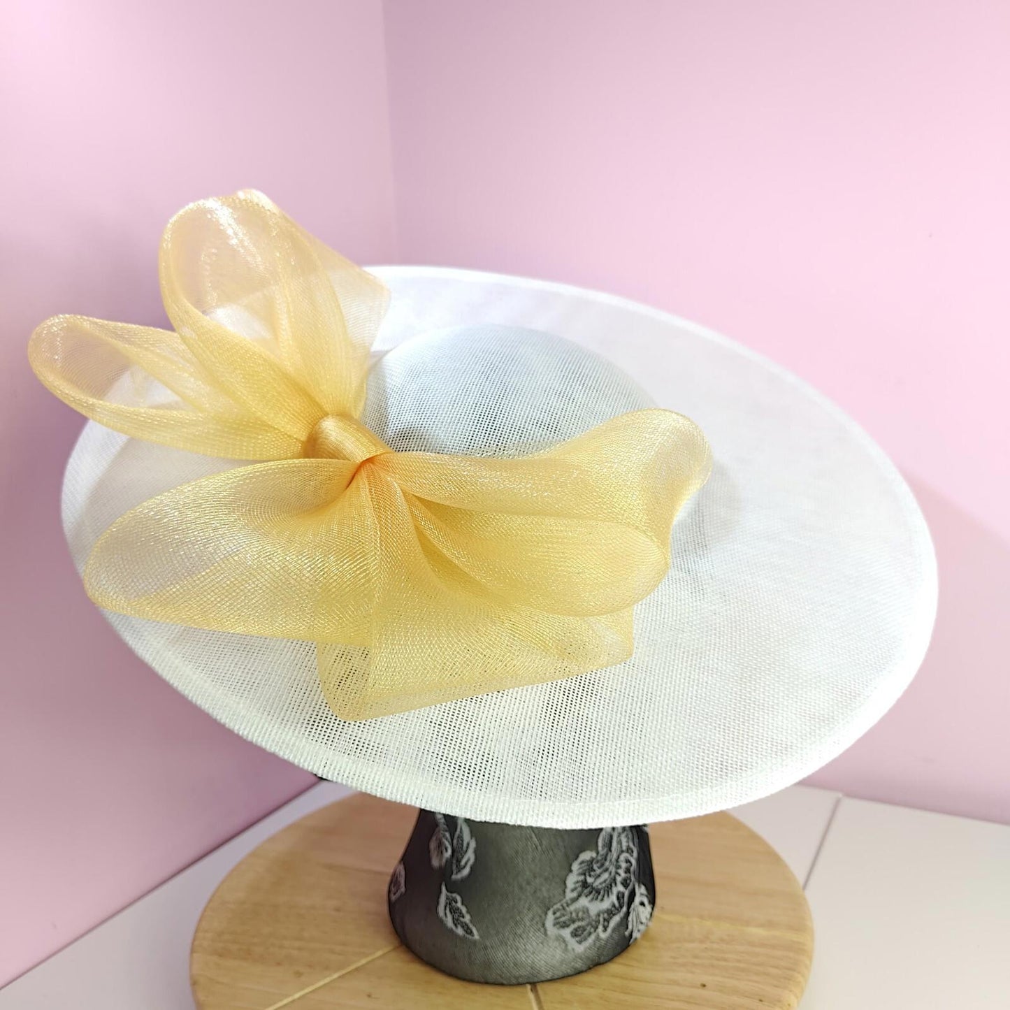 white gold large fascinator wedding hat  Kentucky Derby Royal Ascot bow