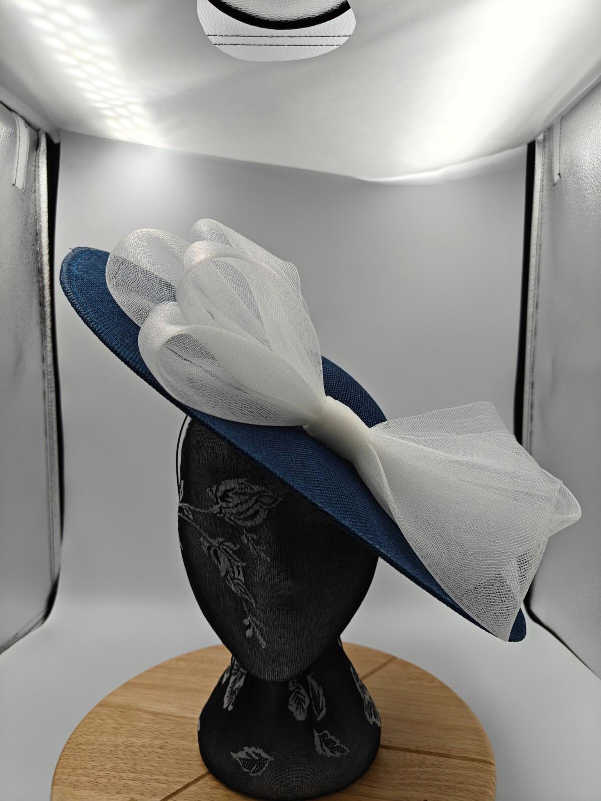 navy white large fascinator headband wedding hat Kentucky Derby Royal Ascot