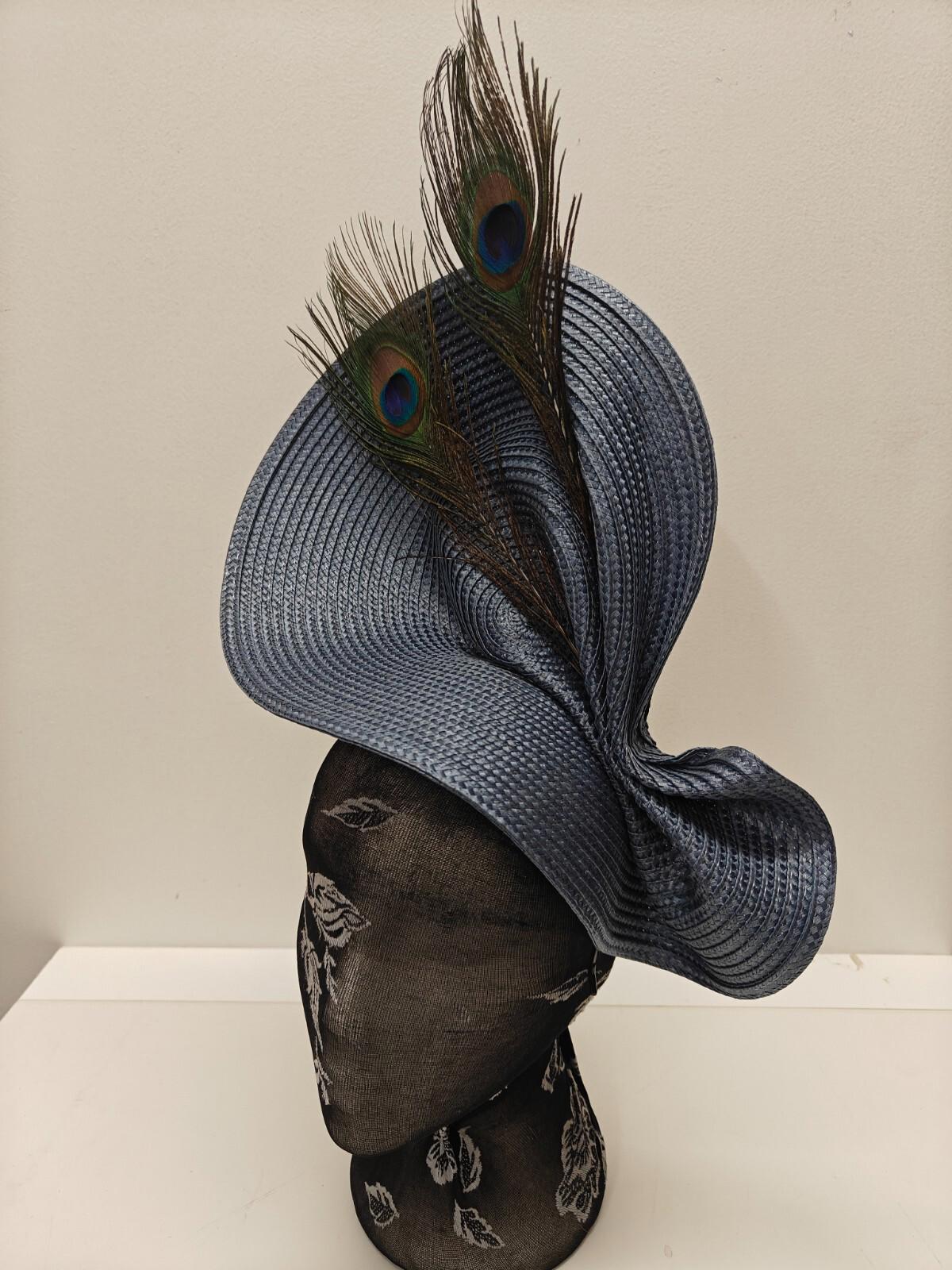 blue large straw fascinator peacock feather millinery headband wedding hat