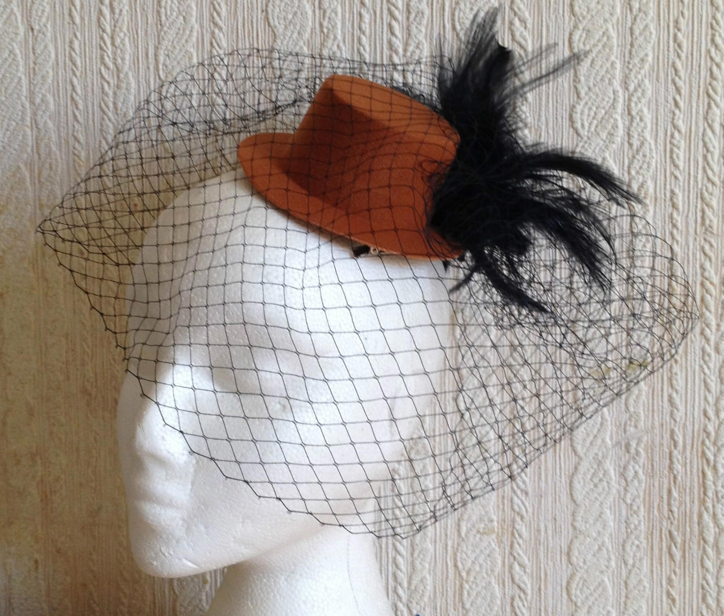 black veiling feather brown mini top hat fascinator millinery burlesque