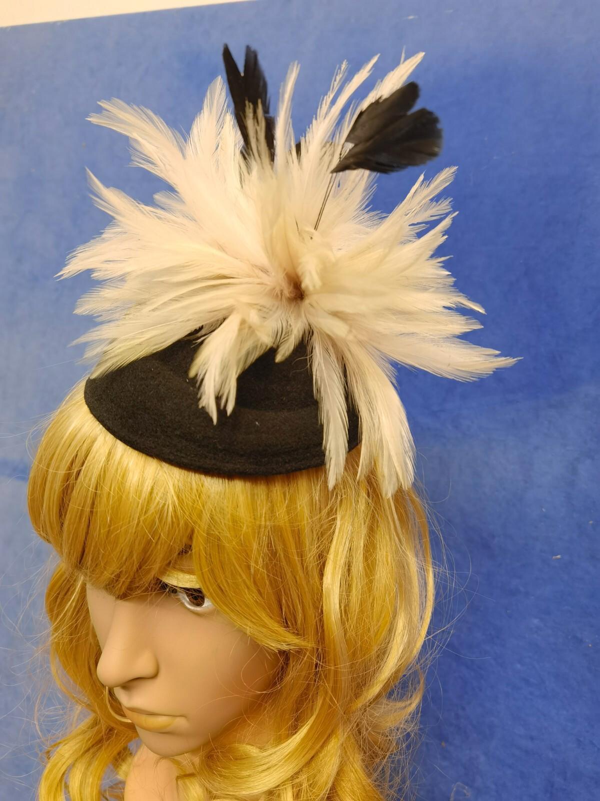 Cream black feather flower felt mini pill box hat veiling veil fascinator