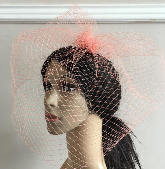 coral peach french veil veiling fascinator wedding bridal hair hat clip race