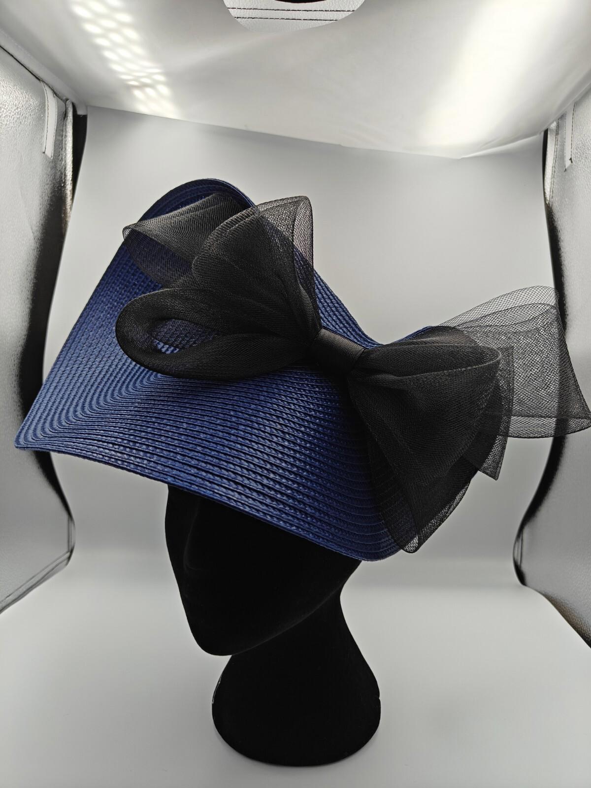 navy blue black straw fascinator millinery burlesque headband wedding hat bow