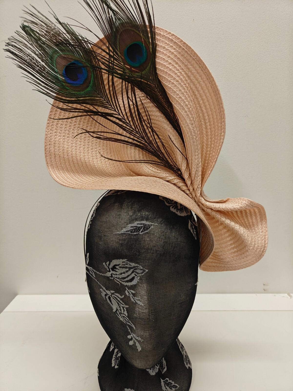 nude peach large straw fascinator peacock feather millinery headband wedding hat