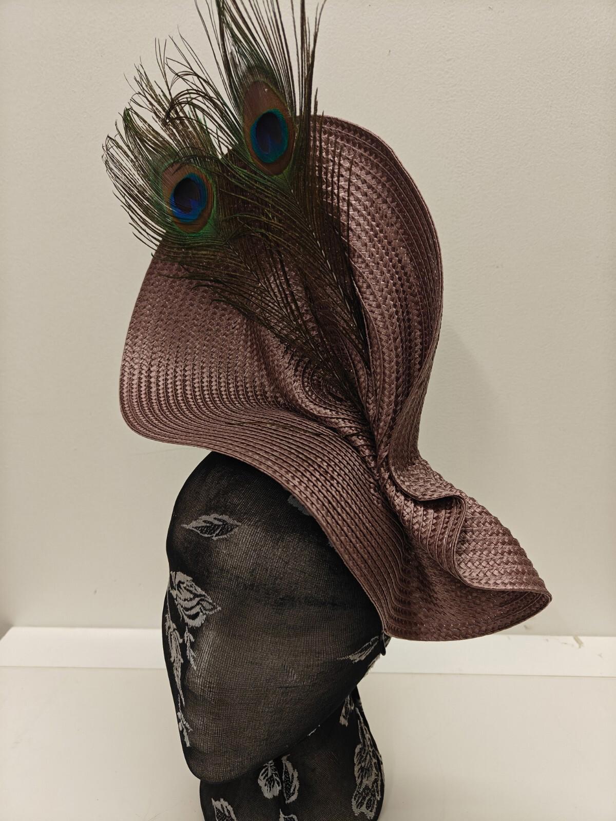 beige large straw fascinator peacock feather millinery headband wedding hat