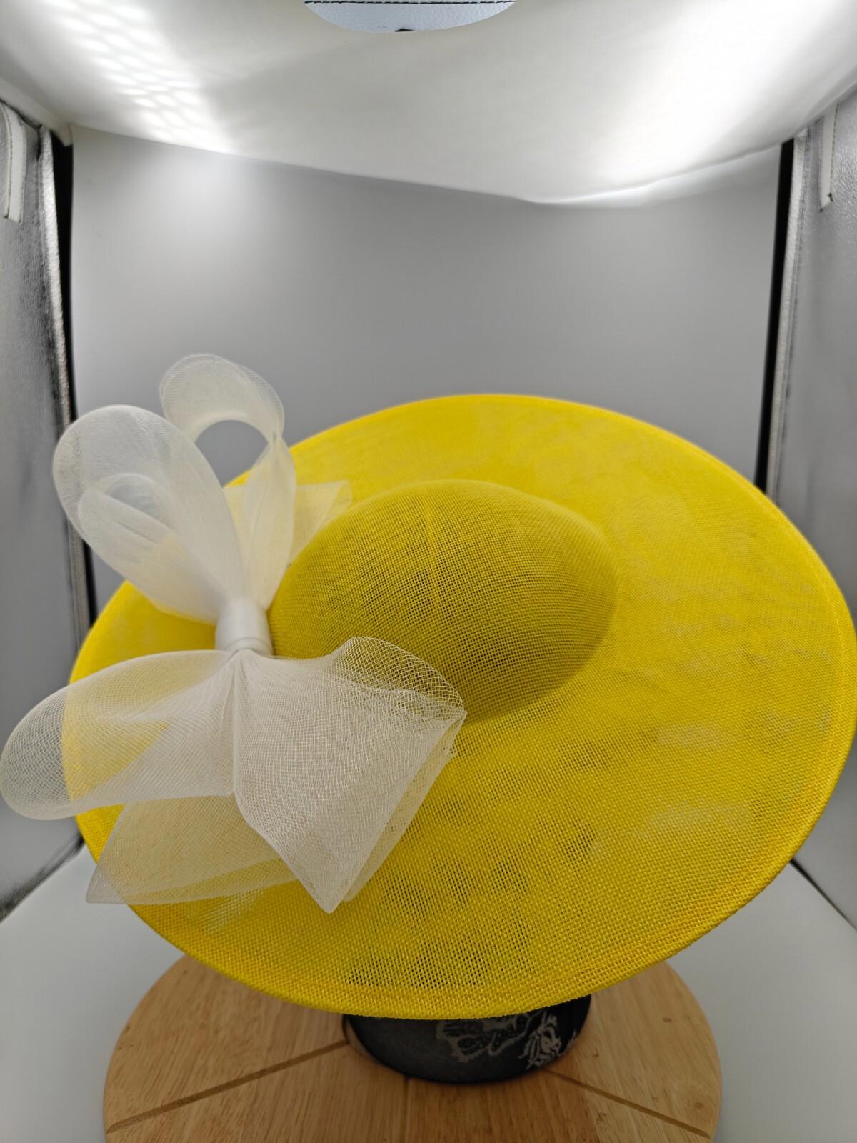 yellow white large fascinator headband wedding hat Kentucky Derby Royal Ascot