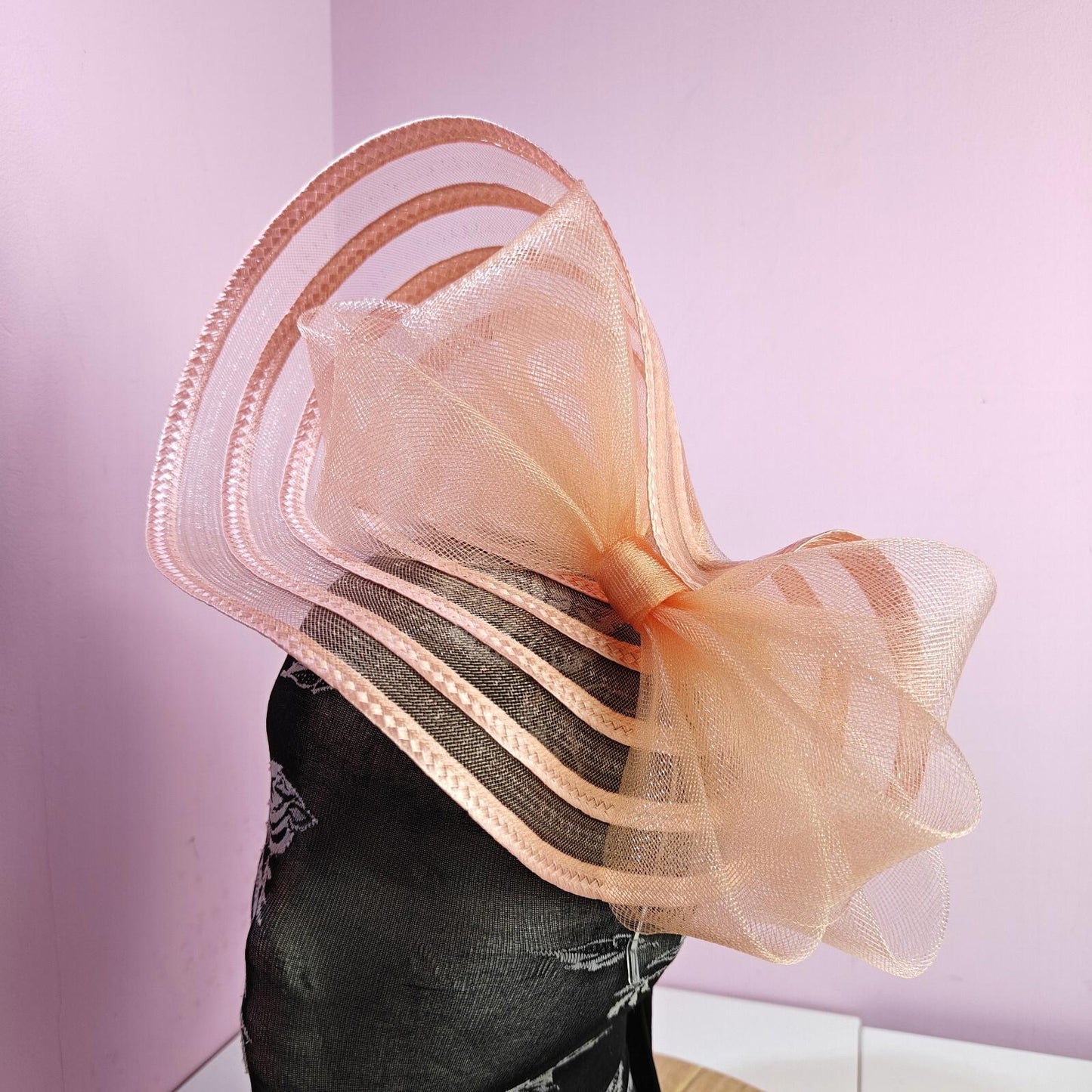 peach coral crinoline bow fascinator wedding hat Kentucky Derby Royal Ascot