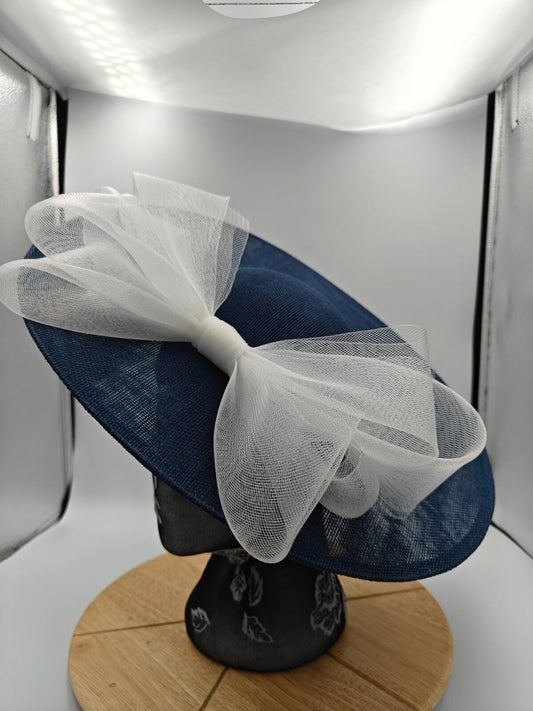 navy white large fascinator headband wedding hat Kentucky Derby Royal Ascot