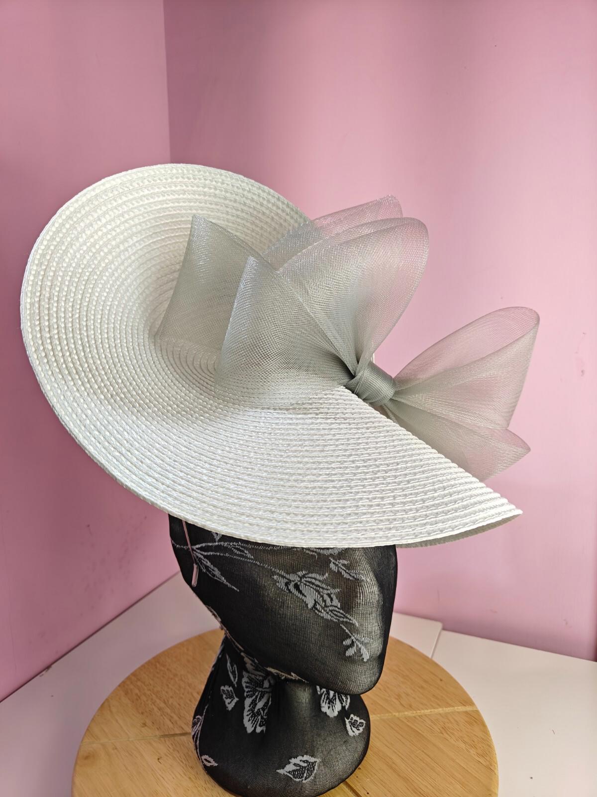 white grey large straw fascinator wedding hat Kentucky Derby Royal Ascot