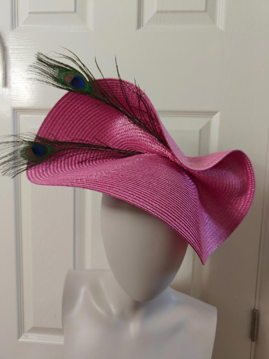 pink large straw fascinator peacock feather millinery headband wedding hat