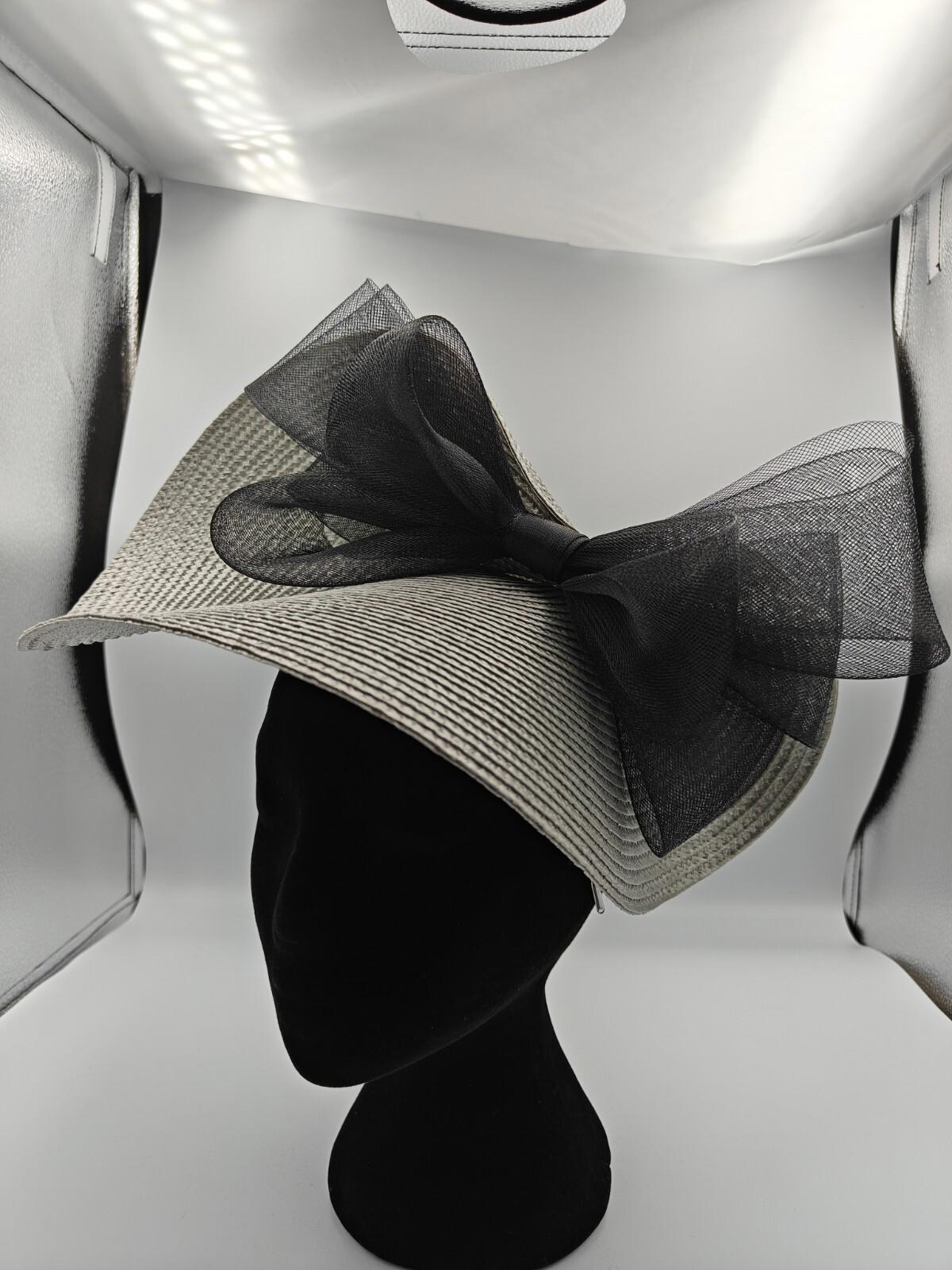 silver grey black bow straw fascinator millinery burlesque headband wedding hat