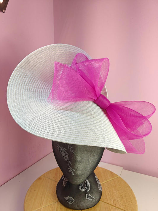 white dark pink large straw fascinator wedding hat Kentucky Derby Royal Ascot