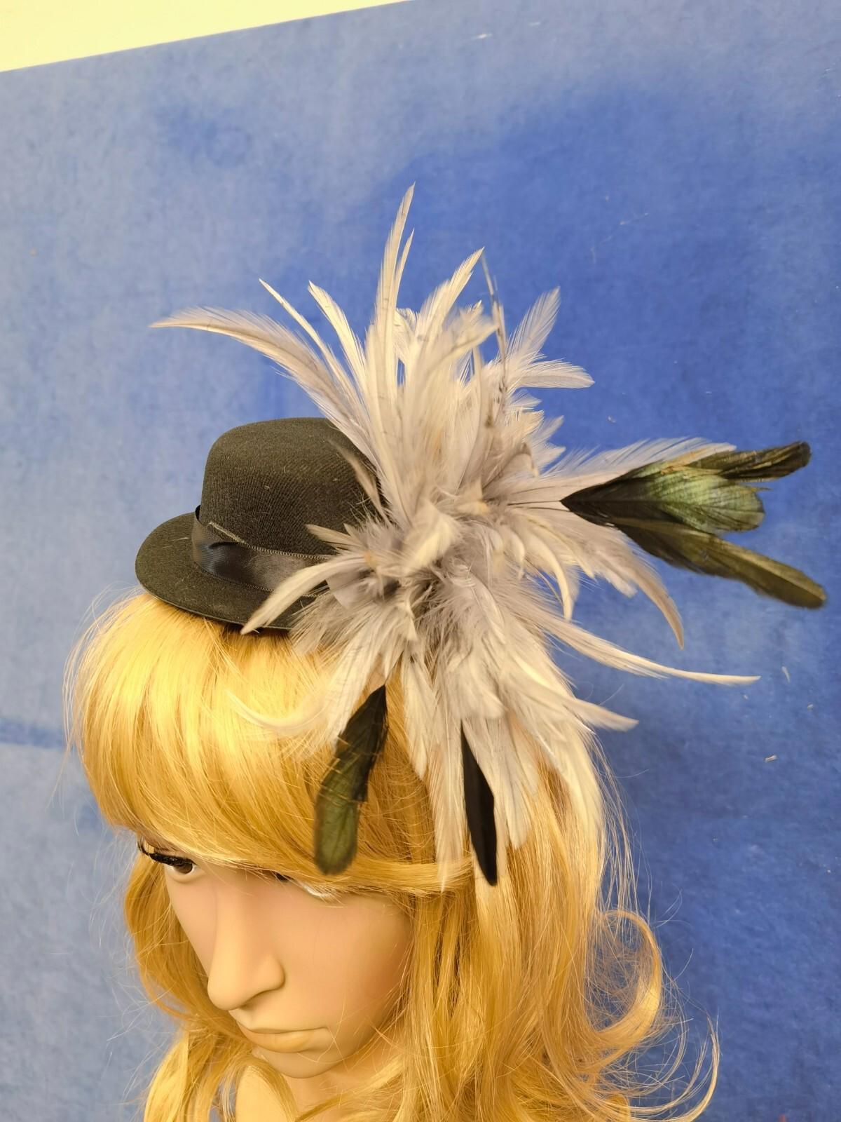 Grey black feather mini top hat fascinator millinery burlesque wedding 1