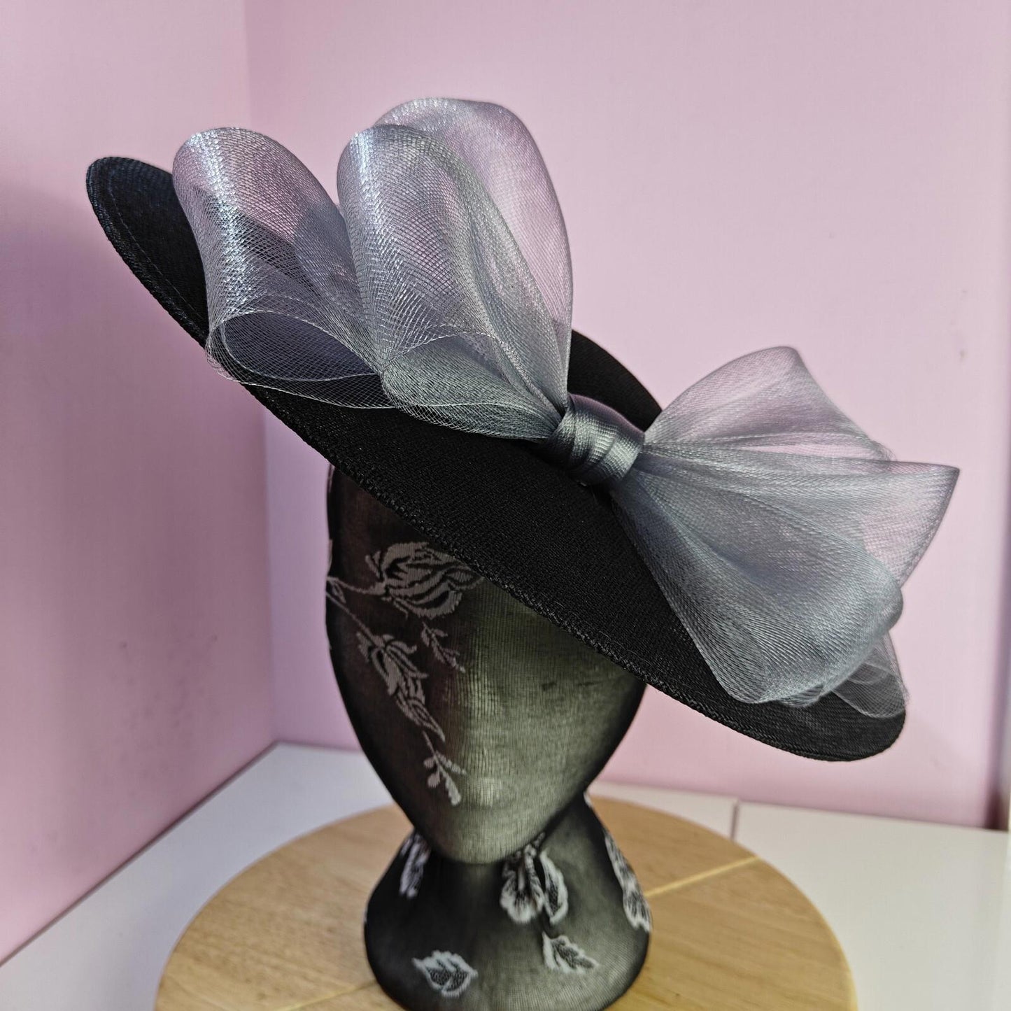 black grey large fascinator wedding hat  Kentucky Derby Royal Ascot bow