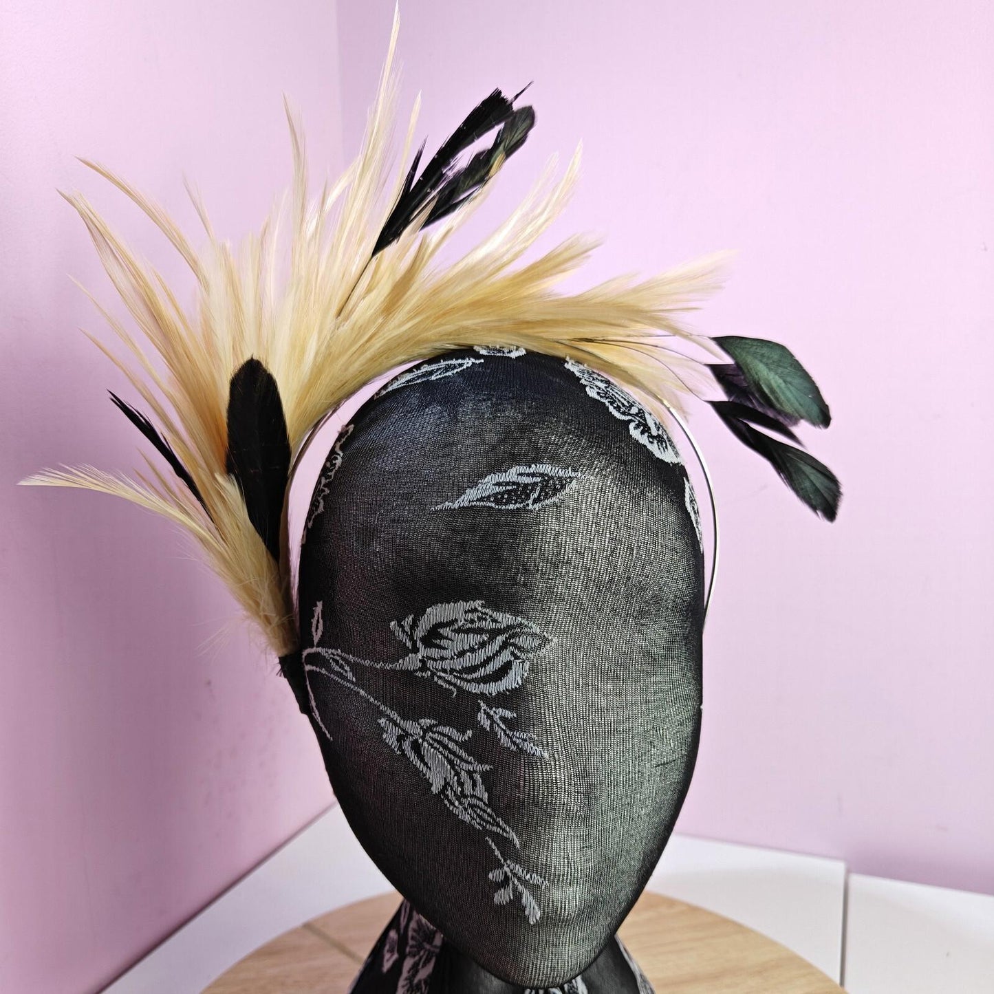 nude cream peach black feather headband fascinator millinery wedding