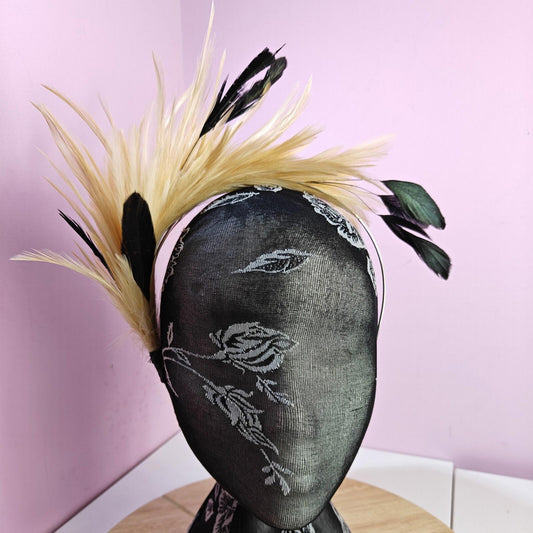 nude cream peach black feather headband fascinator millinery wedding