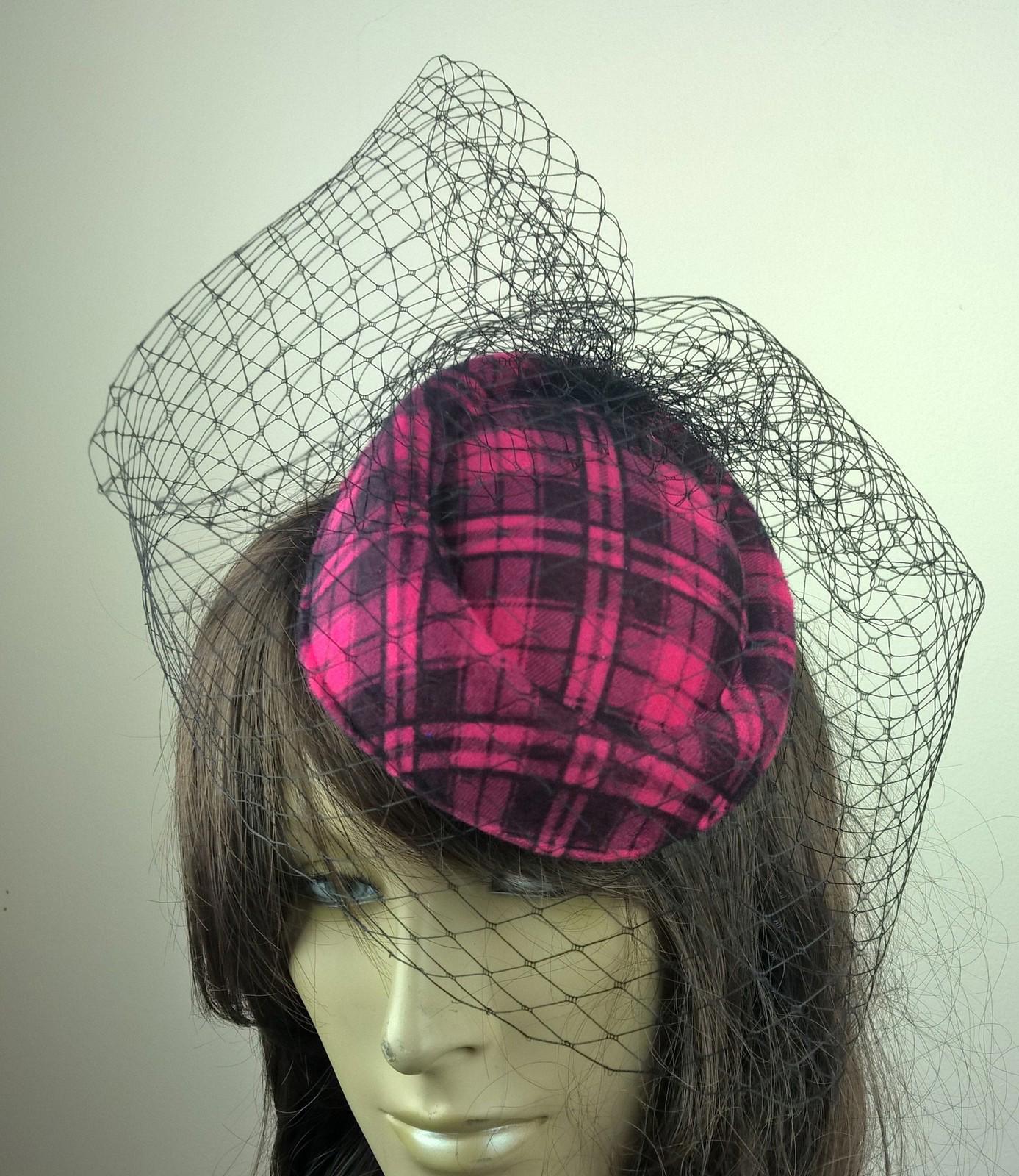 hot pink felt mini pill box hat black veiling french veil fascinator wedding