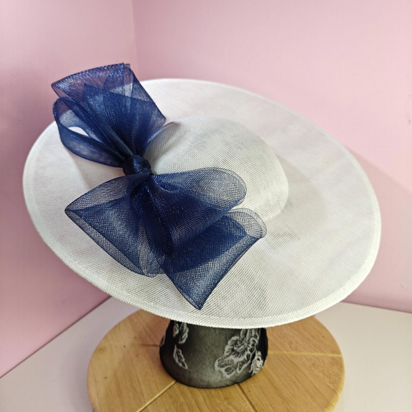 white navy large fascinator wedding hat  Kentucky Derby Royal Ascot bow