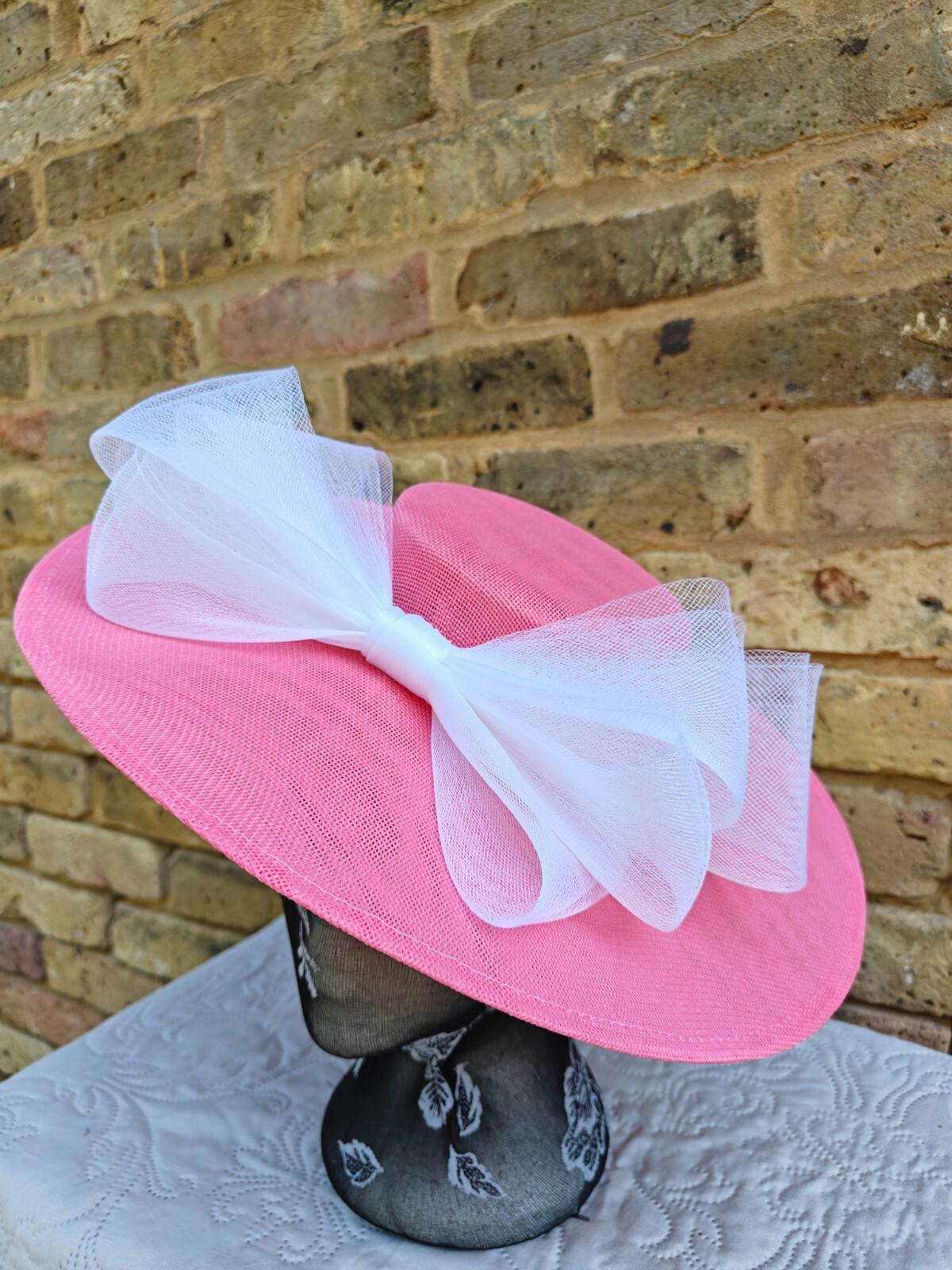coral pink white large fascinator wedding hat  Kentucky Derby Royal Ascot bow