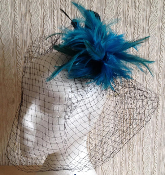 turquoise feather black veiling fascinator millinery hair clip wedding bridal x