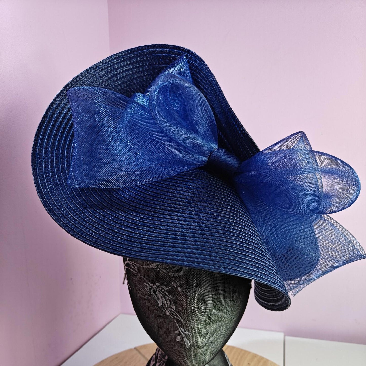 dark blue large straw fascinator wedding hat Kentucky Derby Royal Ascot