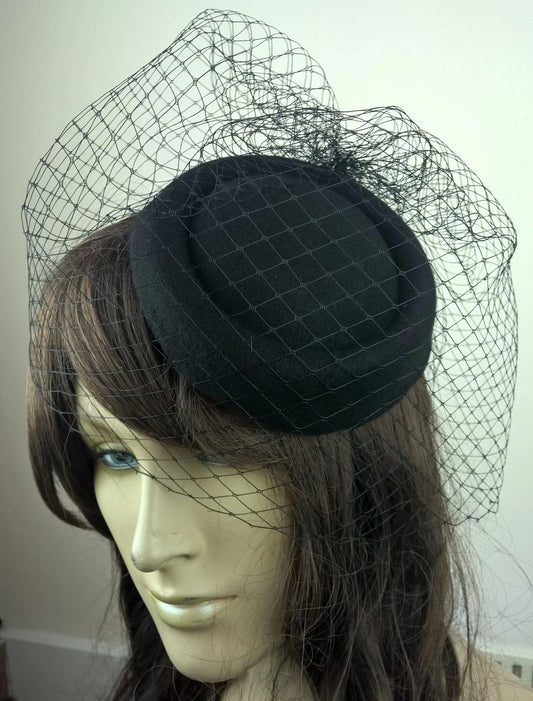 black felt mini pill box hat black veiling french veil fascinator wedding