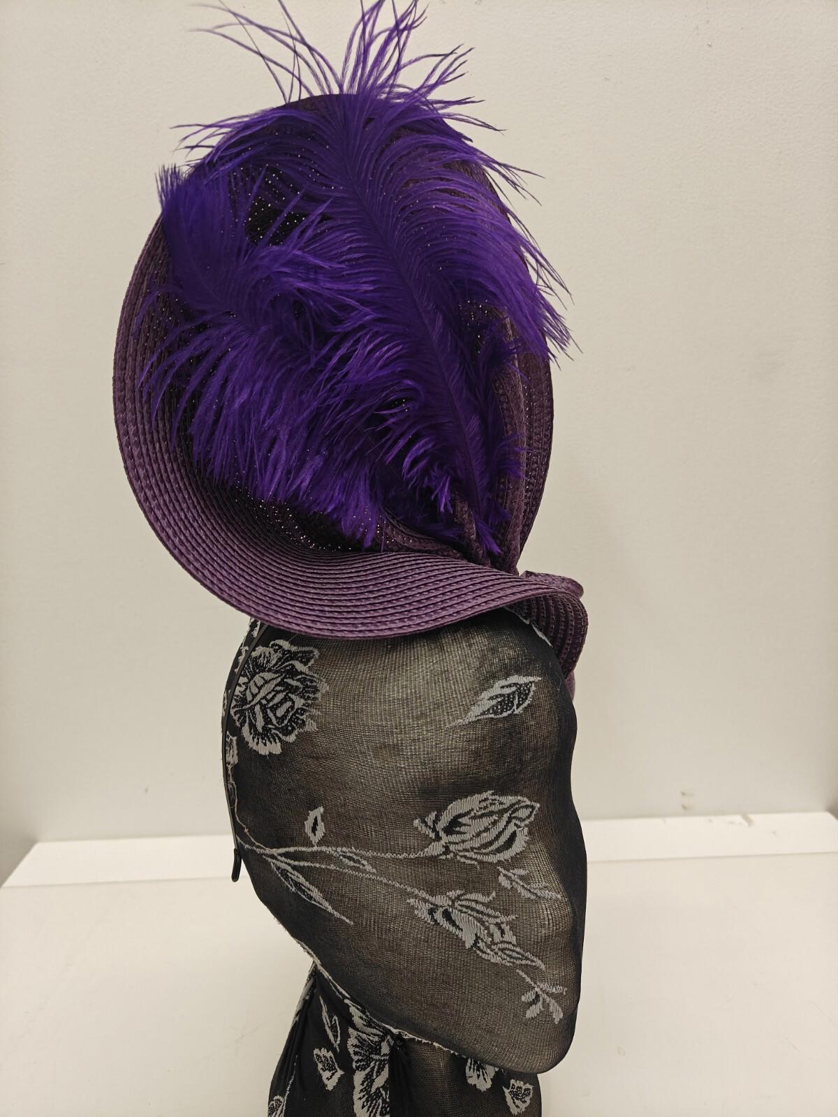 purple large straw fascinator ostrich feather millinery headband wedding hat