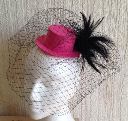 black veiling feather pink mini top hat fascinator millinery burlesque wedding 1