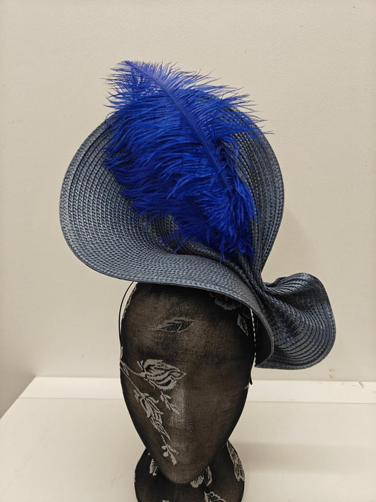 blue large straw fascinator ostrich feather millinery headband wedding hat