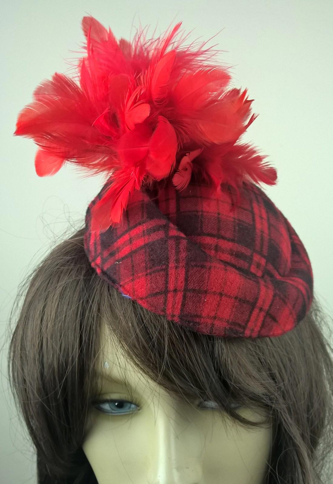 red felt pillbox hat feather flower fascinator wedding bridal race vintage x