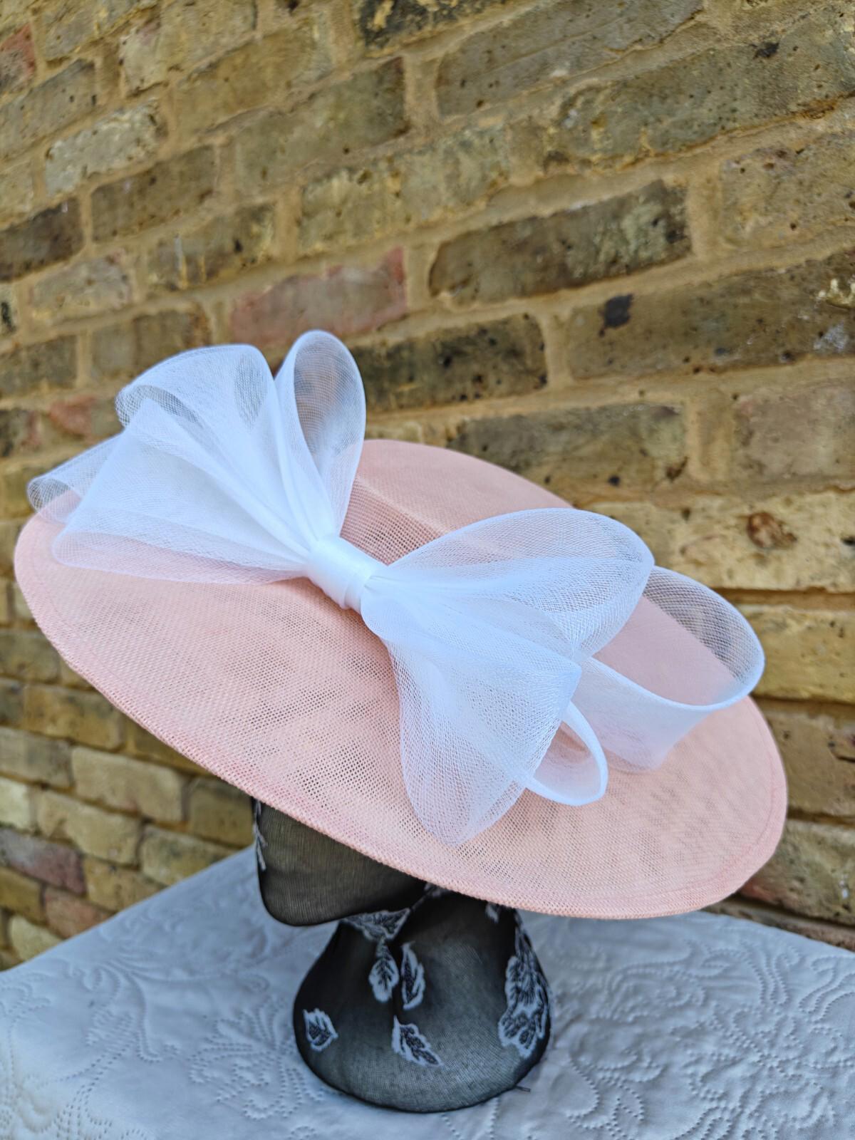 peach pink white large fascinator wedding hat  Kentucky Derby Royal Ascot bow