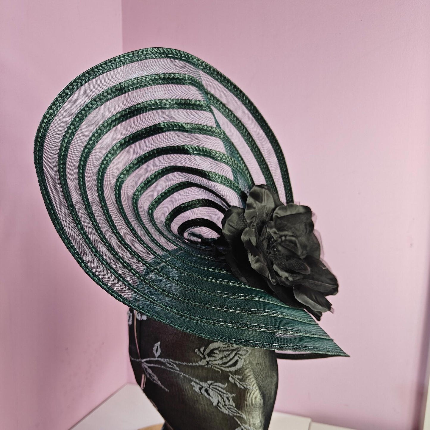 green black flower fascinator millinery wedding hat Kentucky Derby Royal Ascot