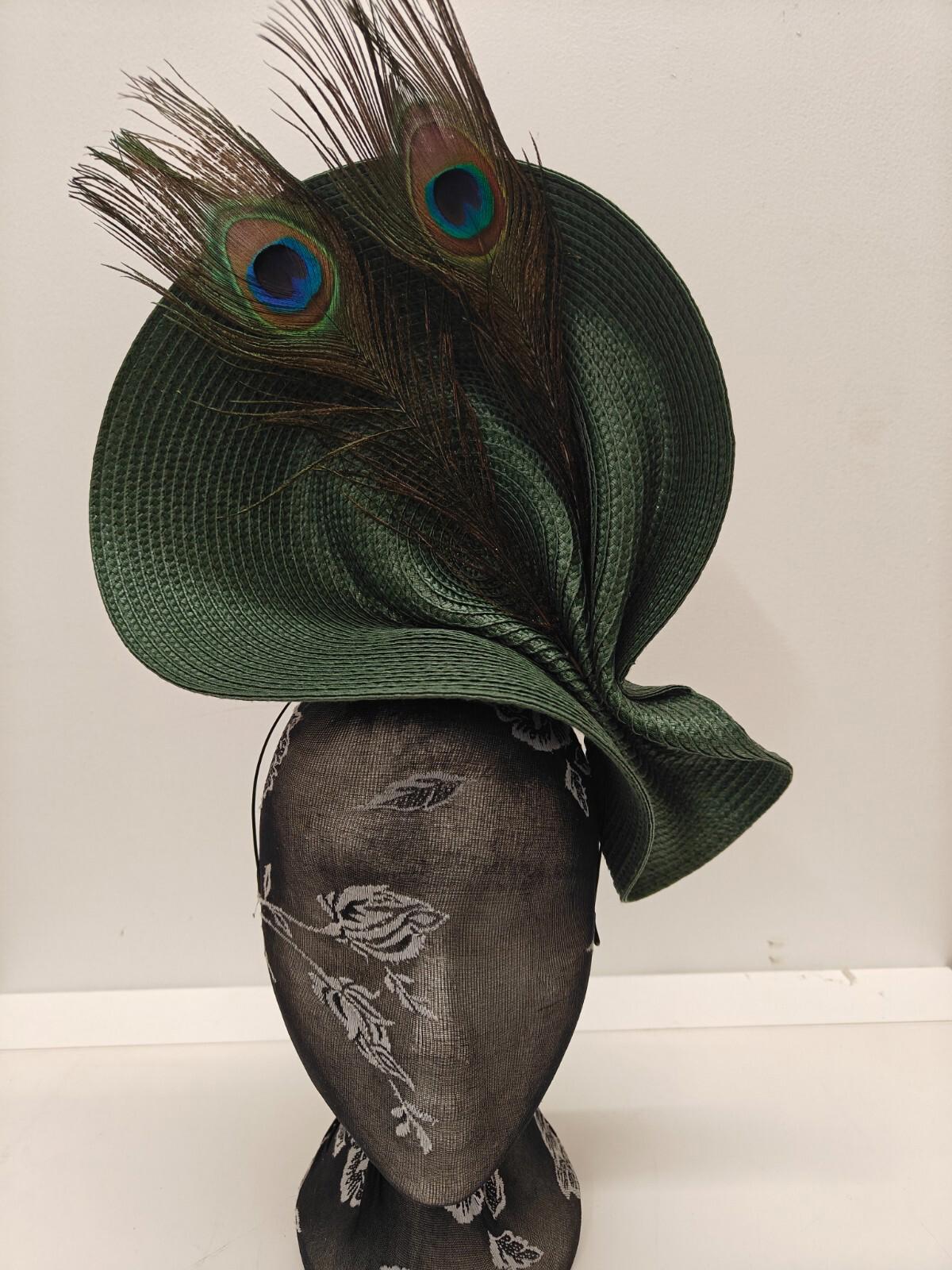 dark green large straw fascinator peacock feather millinery headband wedding hat